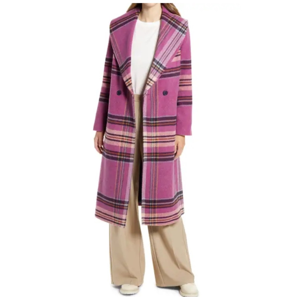 Halogen Plaid Shawl Collar Double Breasted Coat